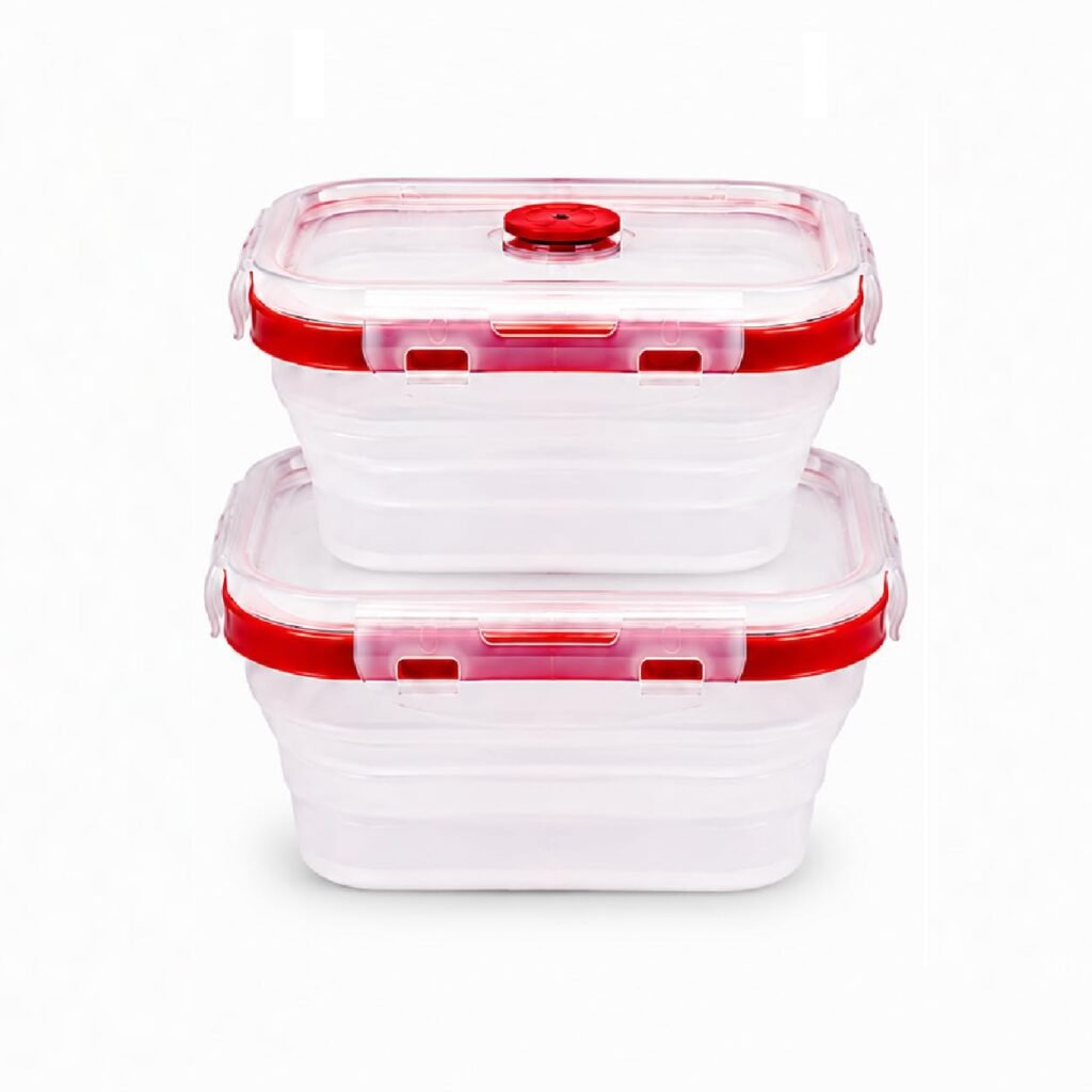 SAGEWARE Foldable Silicone Storage Containers with Lid | Kitchen & Refrigerator Food Storage Set of 2 (1200ML, 1600ML) (Red - Large)
