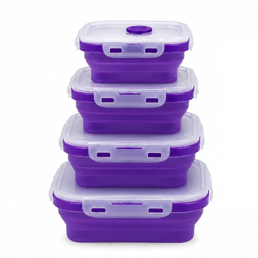 Sageware Silicone Lunch Box, Office Lunch Box, Lunch Box,Kids Lunch Box,Tiffin 4 Containers Lunch Box Square Purple(600ml, 800ml, 1200ml, 1600ml)
