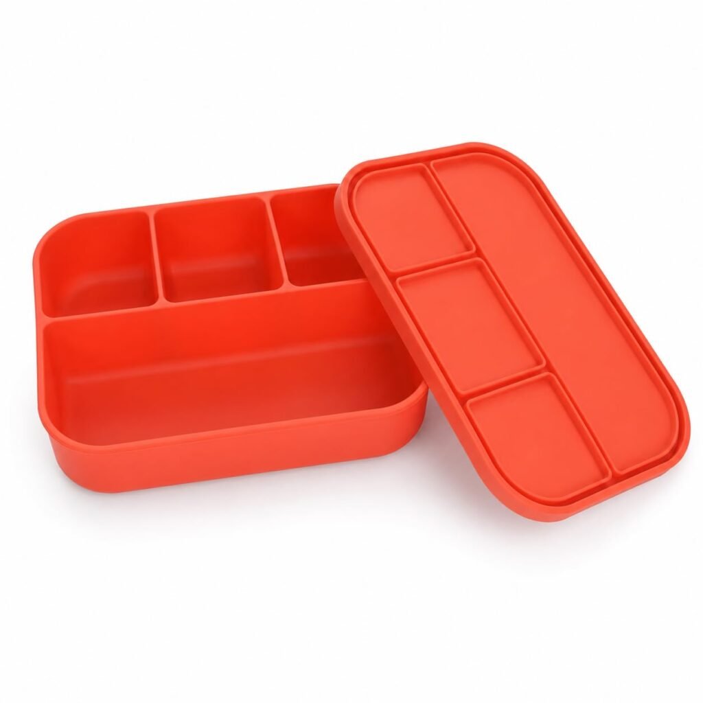 Silicone Lunch Box with Lid, 4 Compartments, 1200ml Food Storage Container, Microwave & Dishwasher Safe, BPA Free Reusable Bento Box (Red)