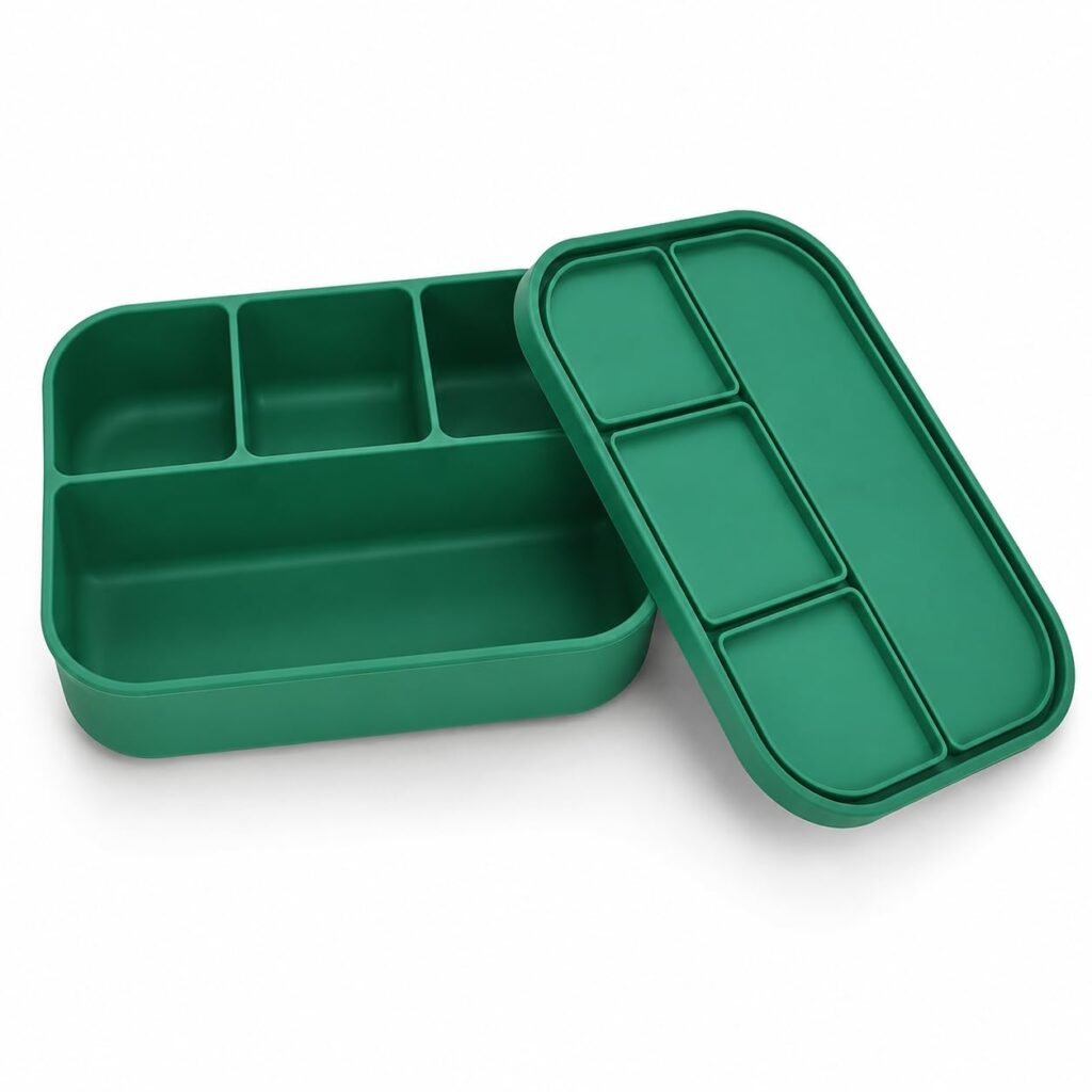 Silicone Lunch Box with Lid, 4 Compartments, 1200ml Food Storage Container, Microwave & Dishwasher Safe, BPA Free Reusable Bento Box (Green)