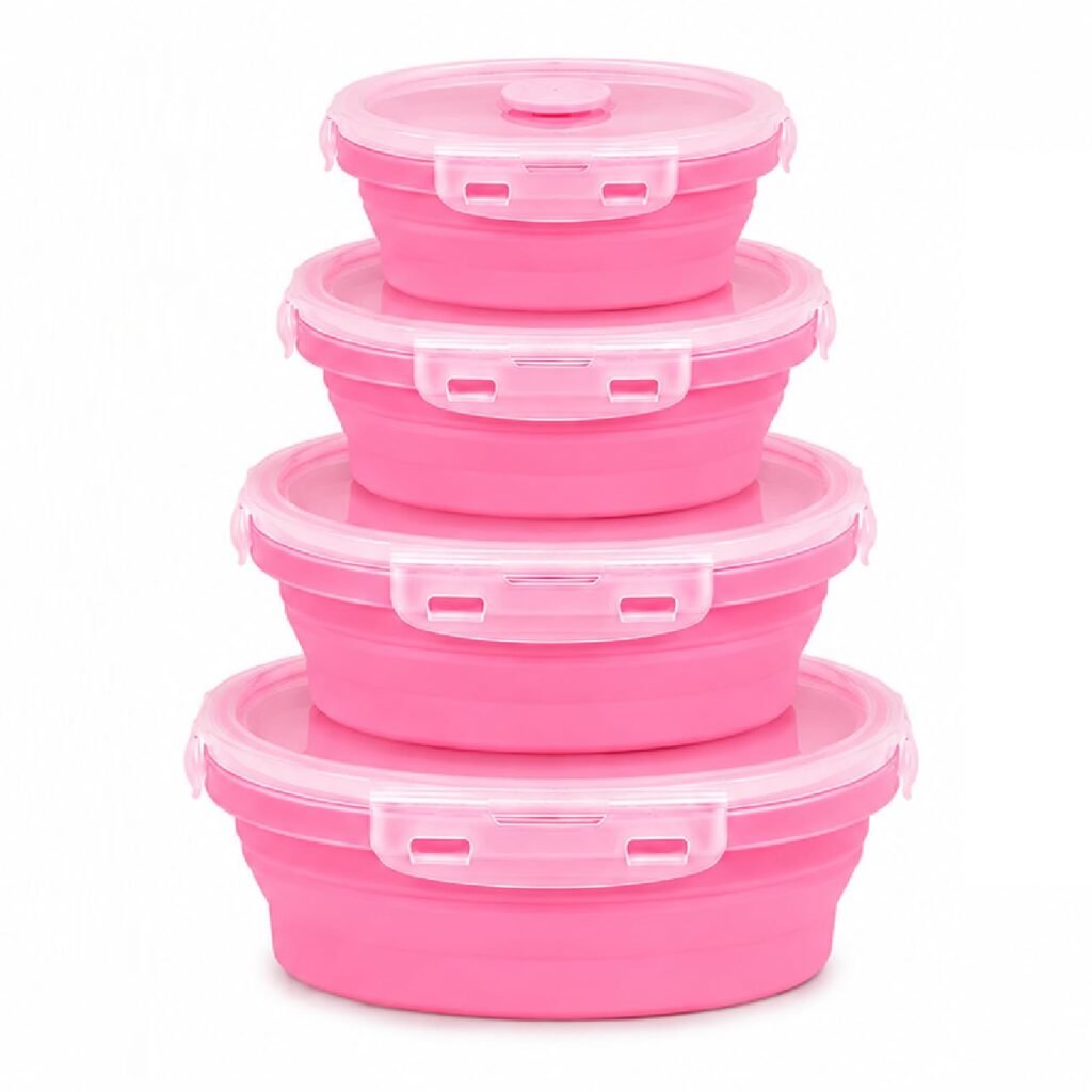 Sageware Silicone Lunch Box, Office Lunch Box, Lunch Box,Kids Lunch Box,Tiffin 4 Containers Lunch Box Round Pink(400ml, 600ml, 800ml, 1200ml)