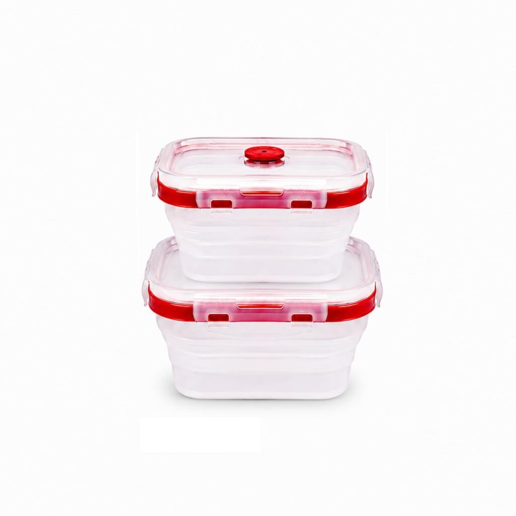 SAGEWARE Foldable Silicone Storage Containers with Lid | Kitchen & Refrigerator Food Storage Set of 2 (600ML, 800ML) (Red - Small)