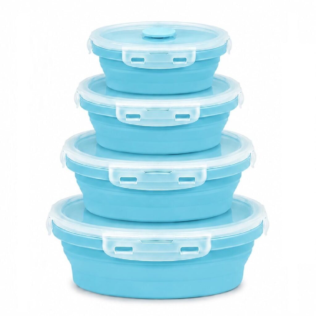 Sageware Silicone Lunch Box, Office Lunch Box, Lunch Box,Kids Lunch Box,Tiffin 4 Containers Lunch Box Round Blue(400ml, 600ml, 800ml, 1200ml)