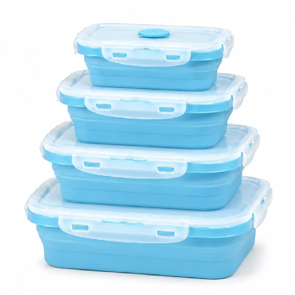 Sageware Silicone Lunch Box, Office Lunch Box, Lunch Box,Kids Lunch Box,Tiffin 4 Containers Lunch Box Rectangle Blue(400ml, 600ml, 800ml, 1200ml)