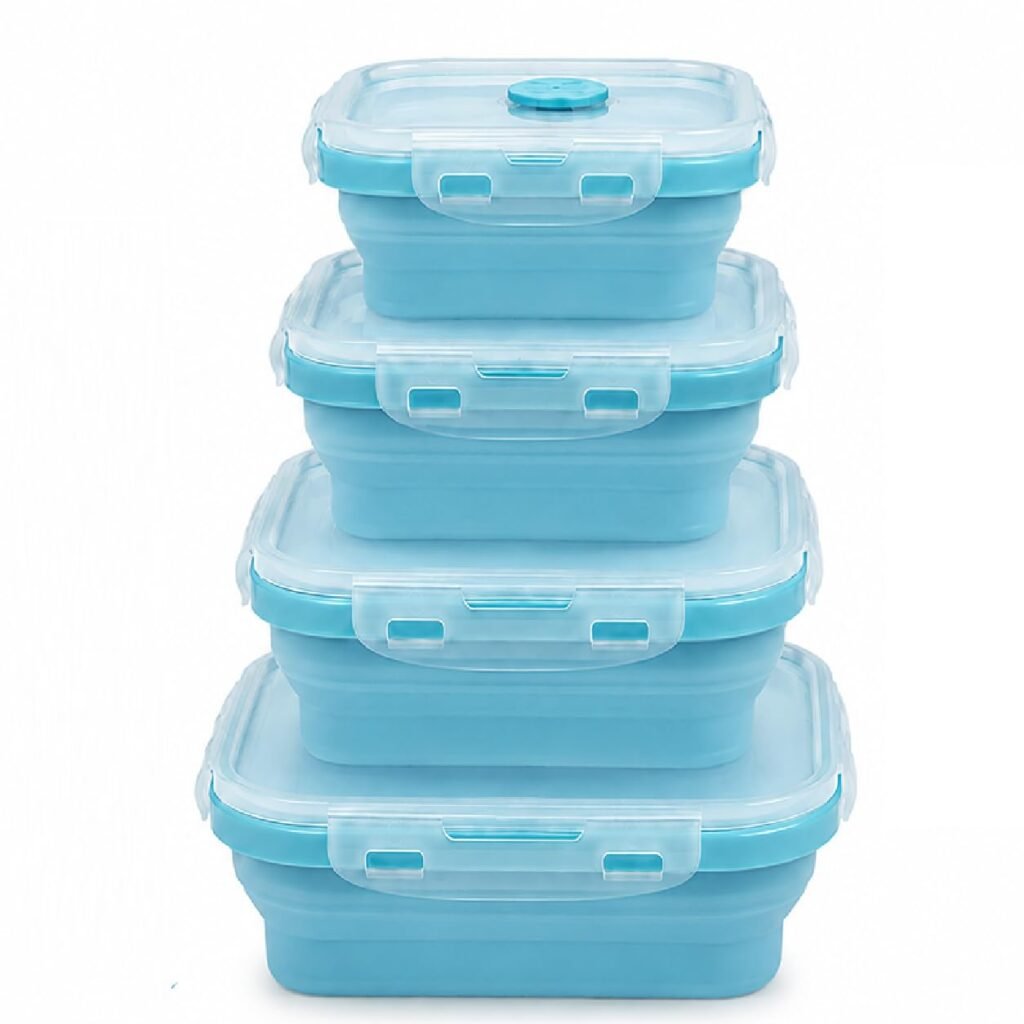 Sageware Silicone Lunch Box, Office Lunch Box, Lunch Box,Kids Lunch Box,Tiffin 4 Containers Lunch Box Square Blue(600ml, 800ml, 1200ml, 1600ml)