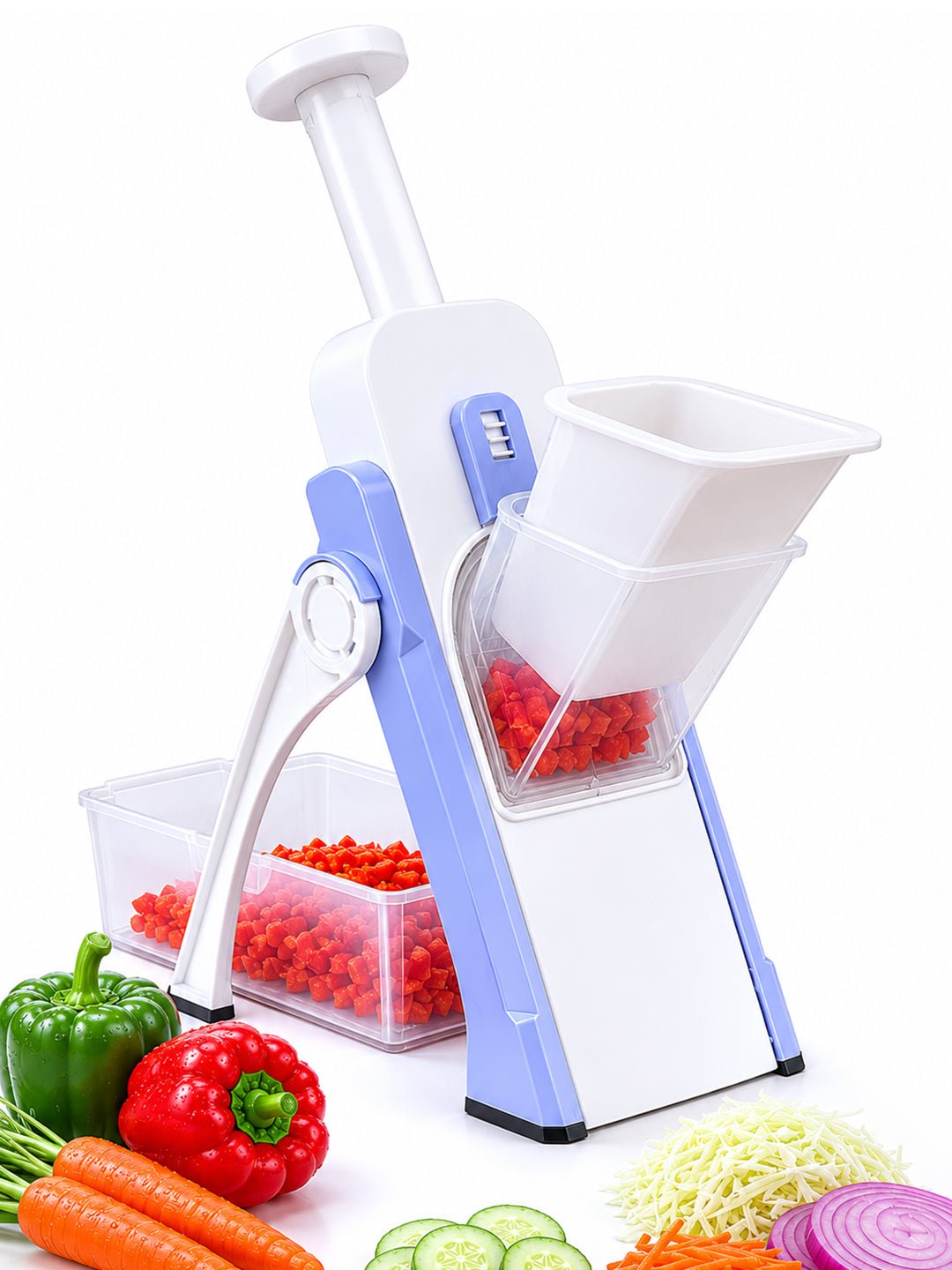 SAGEWARE Vegetable Chopper for Kitchen Use with Container | 5 Blade Manual Vegetable Cutter & Slicer | Push Chopper for Onion, Potato, Tomato, Carrot | Vegetable Cutter Tool for Kitchen