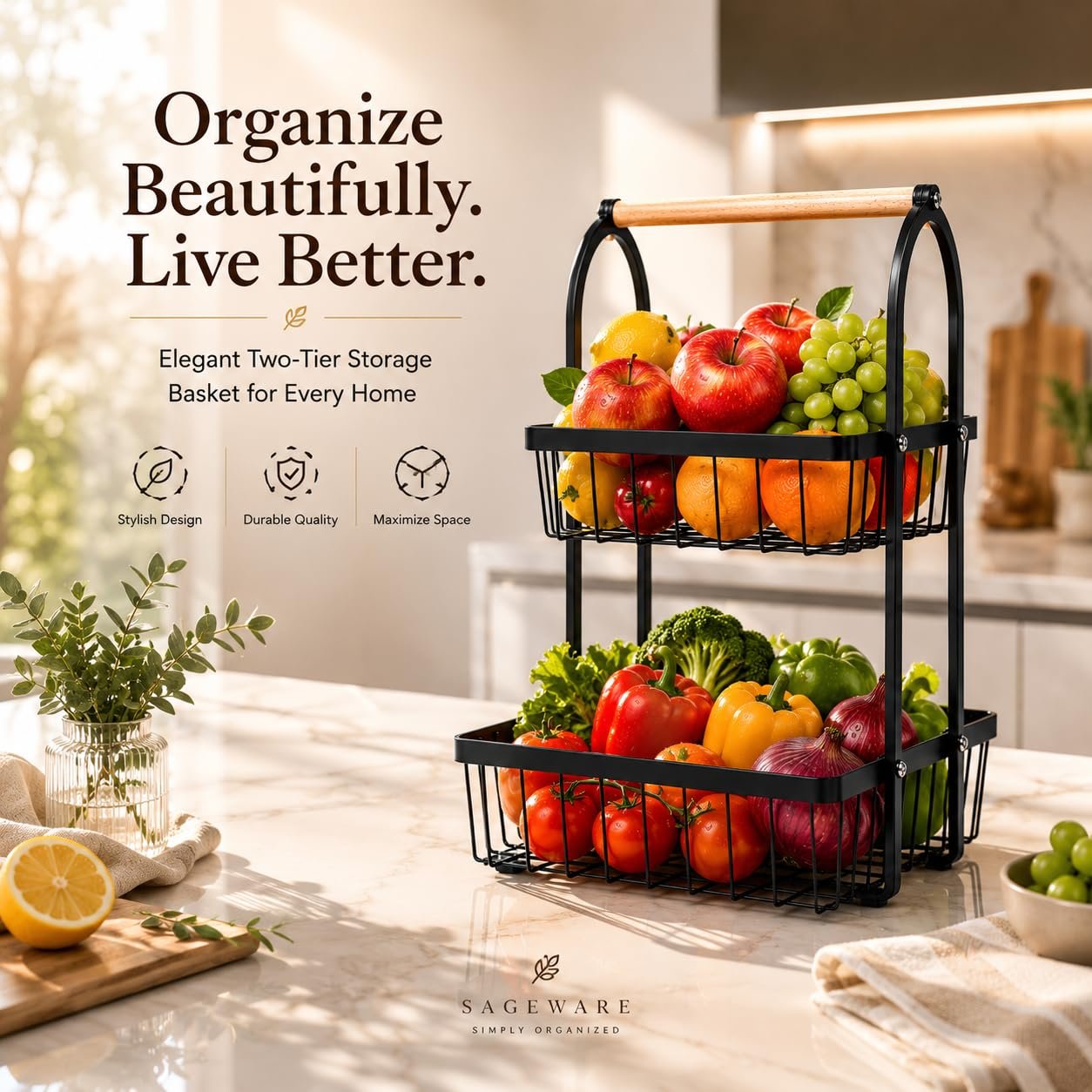 Sageware 2-Tier Fruit Basket for Dining Table Basket Metal Organizer Rack (Black) Aluminium Fruit & Vegetable Basket (Black) - Image 3