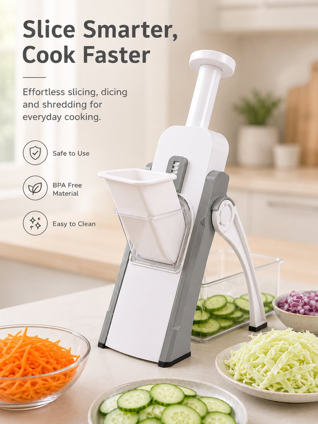 SAGEWARE Vegetable Chopper for Kitchen Use with Container | 5 Blade Manual Vegetable Cutter & Slicer | Push Chopper for Onion, Potato, Tomato, Carrot | Vegetable Cutter Tool for Kitchen - Image 3