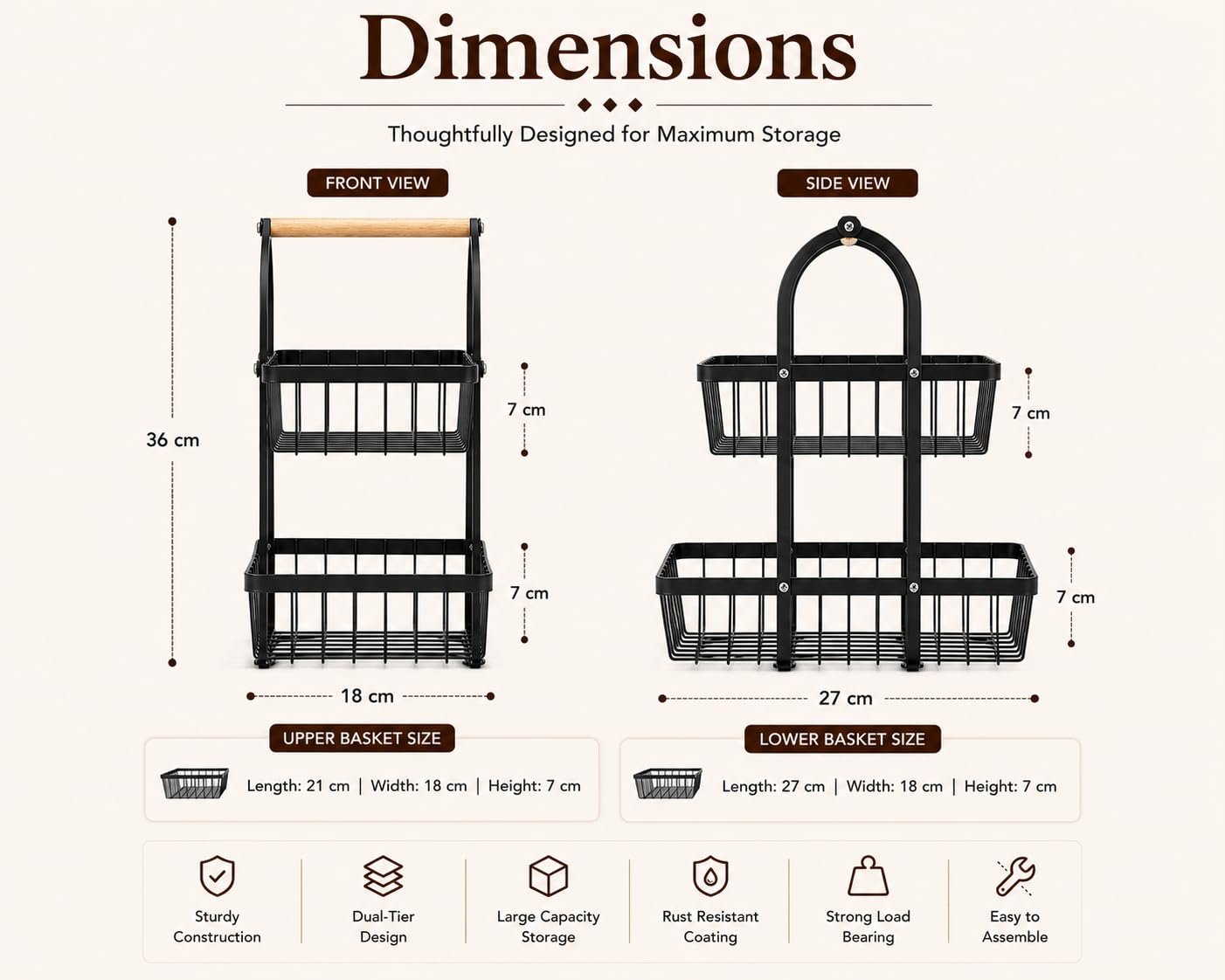Sageware 2-Tier Fruit Basket for Dining Table Basket Metal Organizer Rack (Black) Aluminium Fruit & Vegetable Basket (Black) - Image 4