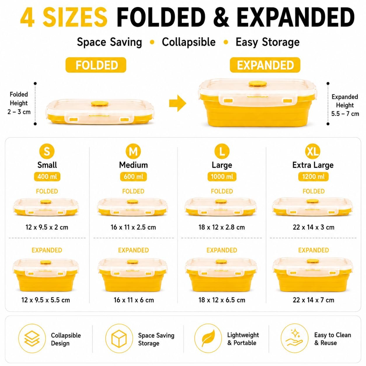 Sageware Silicone Lunch Box, Office Lunch Box, Lunch Box,Kids Lunch Box,Tiffin 4 Containers Lunch Box Rectangle Yellow(400ml, 600ml, 800ml, 1200ml) - Image 3
