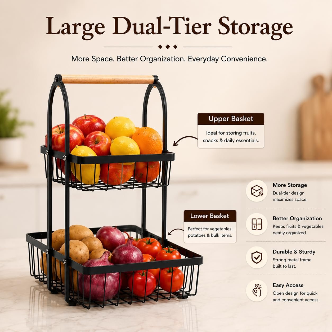 Sageware 2-Tier Fruit Basket for Dining Table Basket Metal Organizer Rack (Black) Aluminium Fruit & Vegetable Basket (Black) - Image 5