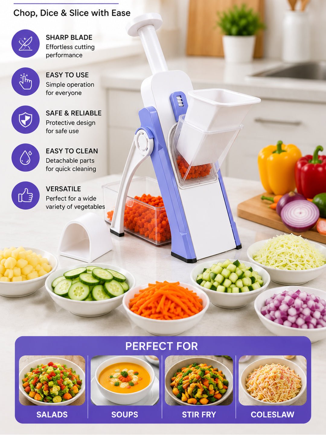 SAGEWARE Vegetable Chopper for Kitchen Use with Container | 5 Blade Manual Vegetable Cutter & Slicer | Push Chopper for Onion, Potato, Tomato, Carrot | Vegetable Cutter Tool for Kitchen - Image 4