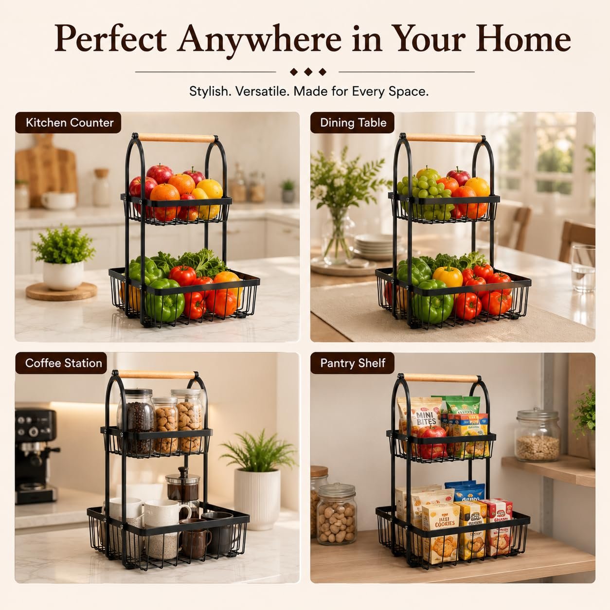 Sageware 2-Tier Fruit Basket for Dining Table Basket Metal Organizer Rack (Black) Aluminium Fruit & Vegetable Basket (Black) - Image 6