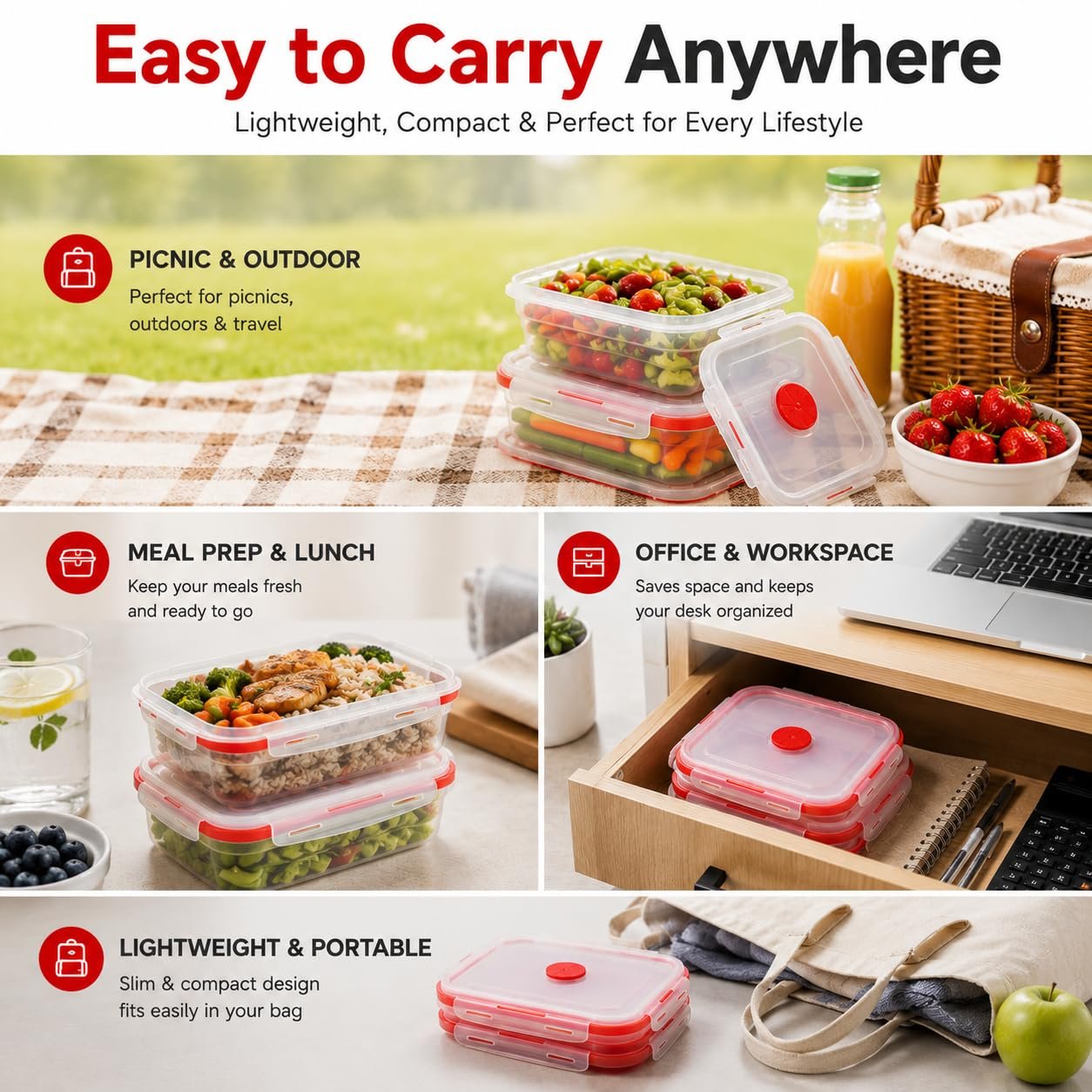 Sageware Silicone Lunch Box, Office Lunch Box, Leak Proof Lunch Box,Kids Lunch Box,Tiffin 4 Containers Lunch Box Red(600ml, 800ml, 1200ml, 1600ml) - Image 5