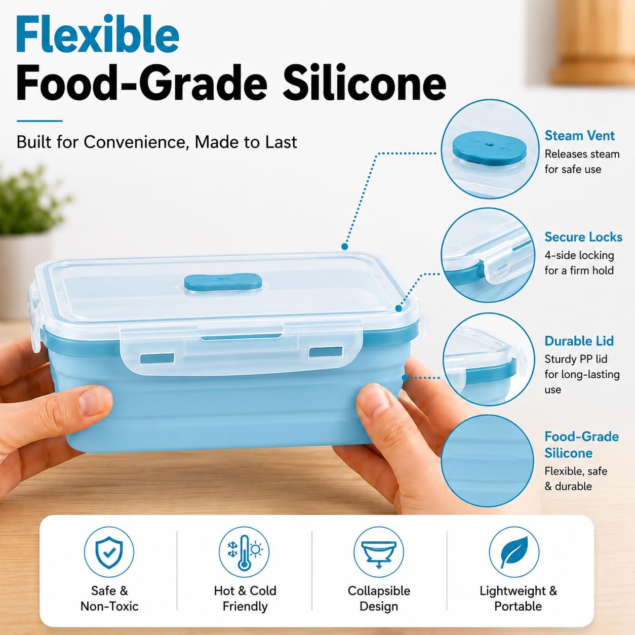 Sageware Silicone Lunch Box, Office Lunch Box, Lunch Box,Kids Lunch Box,Tiffin 4 Containers Lunch Box Rectangle Blue(400ml, 600ml, 800ml, 1200ml) - Image 5