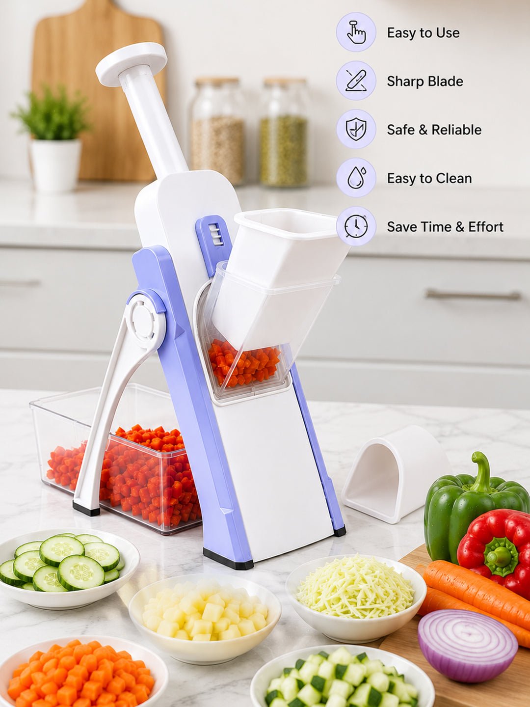 SAGEWARE Vegetable Chopper for Kitchen Use with Container | 5 Blade Manual Vegetable Cutter & Slicer | Push Chopper for Onion, Potato, Tomato, Carrot | Vegetable Cutter Tool for Kitchen - Image 5