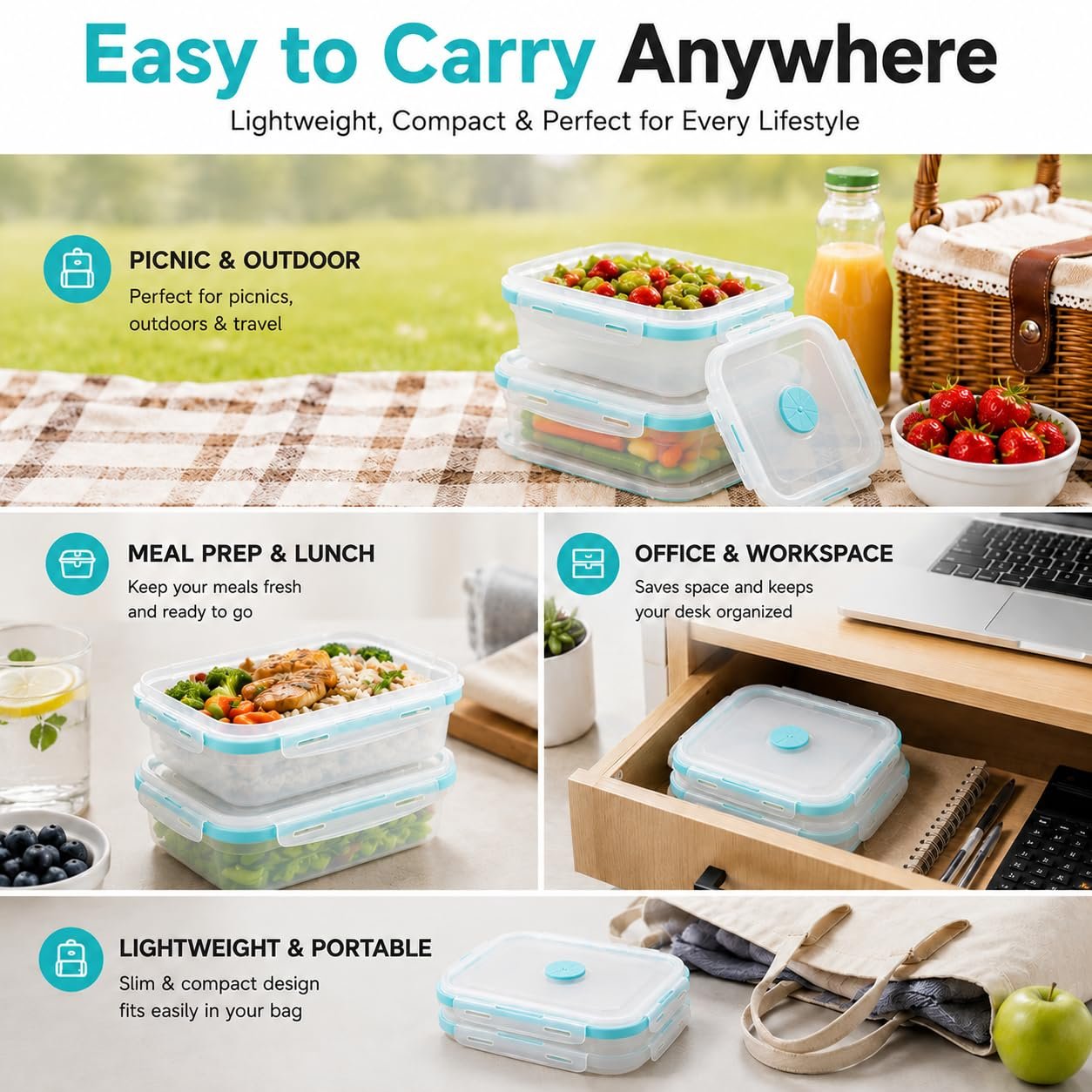 Sageware Silicone Lunch Box, Office Lunch Box, Leak Proof Lunch Box,Kids Lunch Box,Tiffin 4 Containers Lunch Box Blue(600ml, 800ml, 1200ml, 1600ml) - Image 5