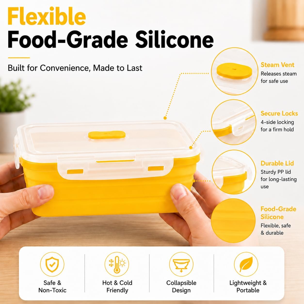 Sageware Silicone Lunch Box, Office Lunch Box, Lunch Box,Kids Lunch Box,Tiffin 4 Containers Lunch Box Rectangle Yellow(400ml, 600ml, 800ml, 1200ml) - Image 5