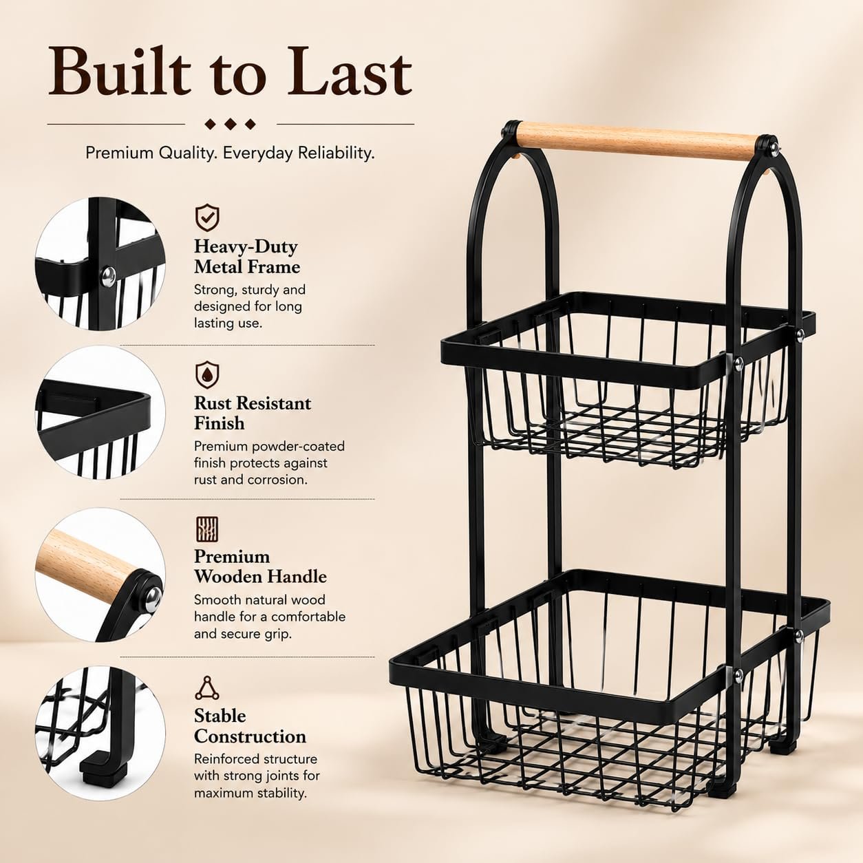Sageware 2-Tier Fruit Basket for Dining Table Basket Metal Organizer Rack (Black) Aluminium Fruit & Vegetable Basket (Black) - Image 7