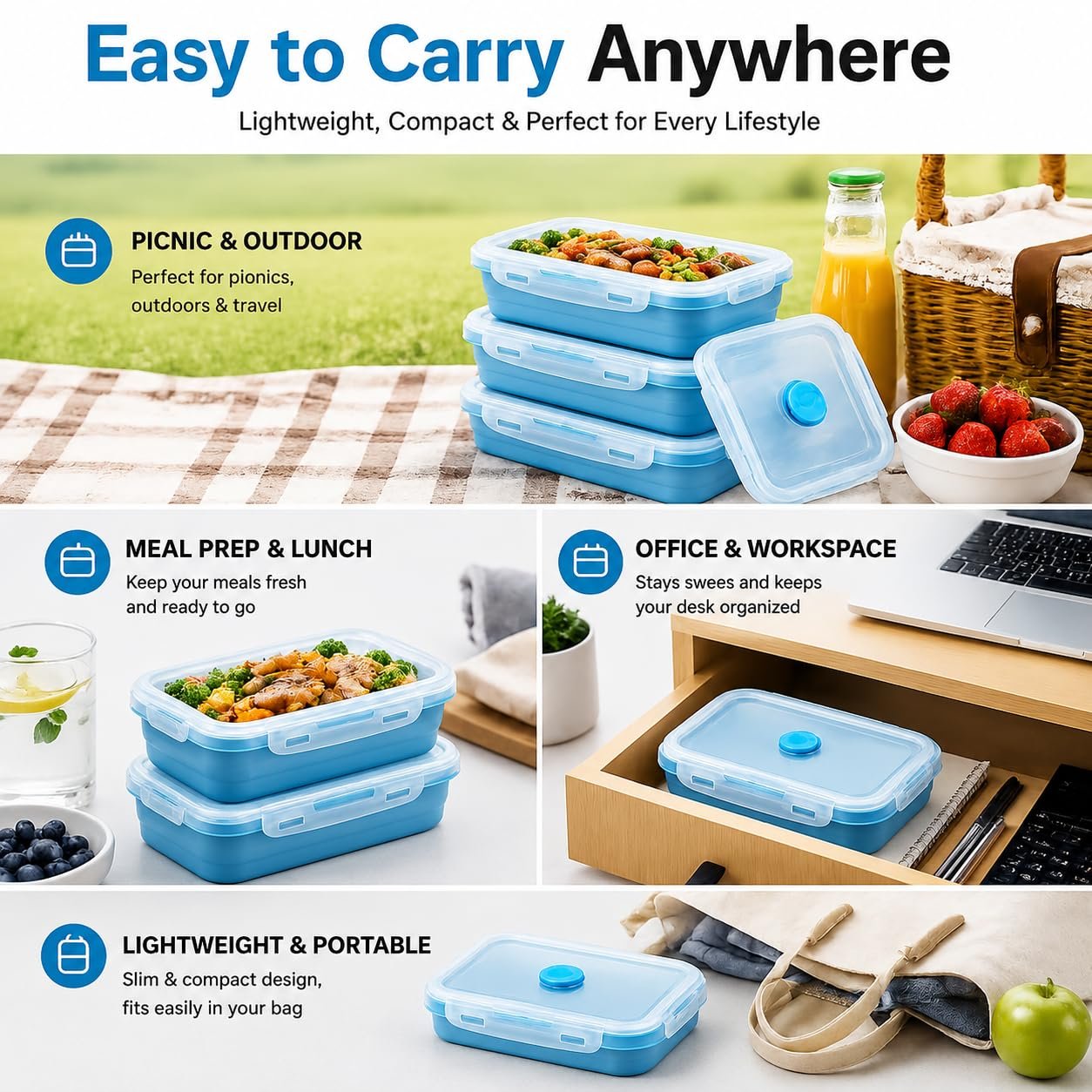 Sageware Silicone Lunch Box, Office Lunch Box, Lunch Box,Kids Lunch Box,Tiffin 4 Containers Lunch Box Rectangle Blue(400ml, 600ml, 800ml, 1200ml) - Image 6