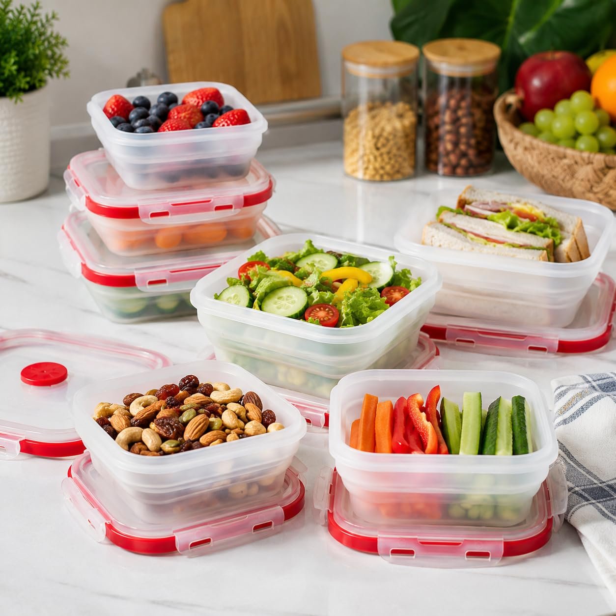 Sageware Silicone Lunch Box, Office Lunch Box, Leak Proof Lunch Box,Kids Lunch Box,Tiffin 4 Containers Lunch Box Red(600ml, 800ml, 1200ml, 1600ml) - Image 6