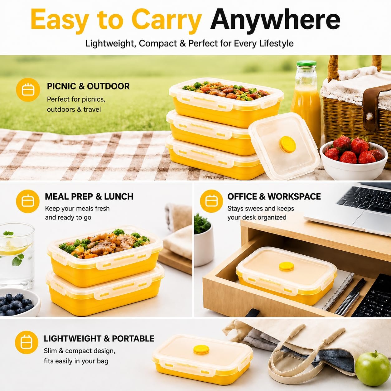 Sageware Silicone Lunch Box, Office Lunch Box, Lunch Box,Kids Lunch Box,Tiffin 4 Containers Lunch Box Rectangle Yellow(400ml, 600ml, 800ml, 1200ml) - Image 6