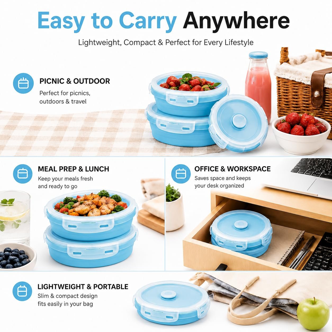 Sageware Silicone Lunch Box, Office Lunch Box, Lunch Box,Kids Lunch Box,Tiffin 4 Containers Lunch Box Round Blue(400ml, 600ml, 800ml, 1200ml) - Image 6