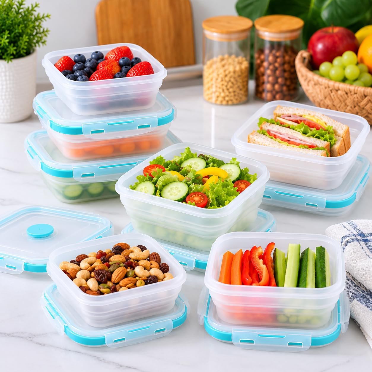 Sageware Silicone Lunch Box, Office Lunch Box, Leak Proof Lunch Box,Kids Lunch Box,Tiffin 4 Containers Lunch Box Blue(600ml, 800ml, 1200ml, 1600ml) - Image 6