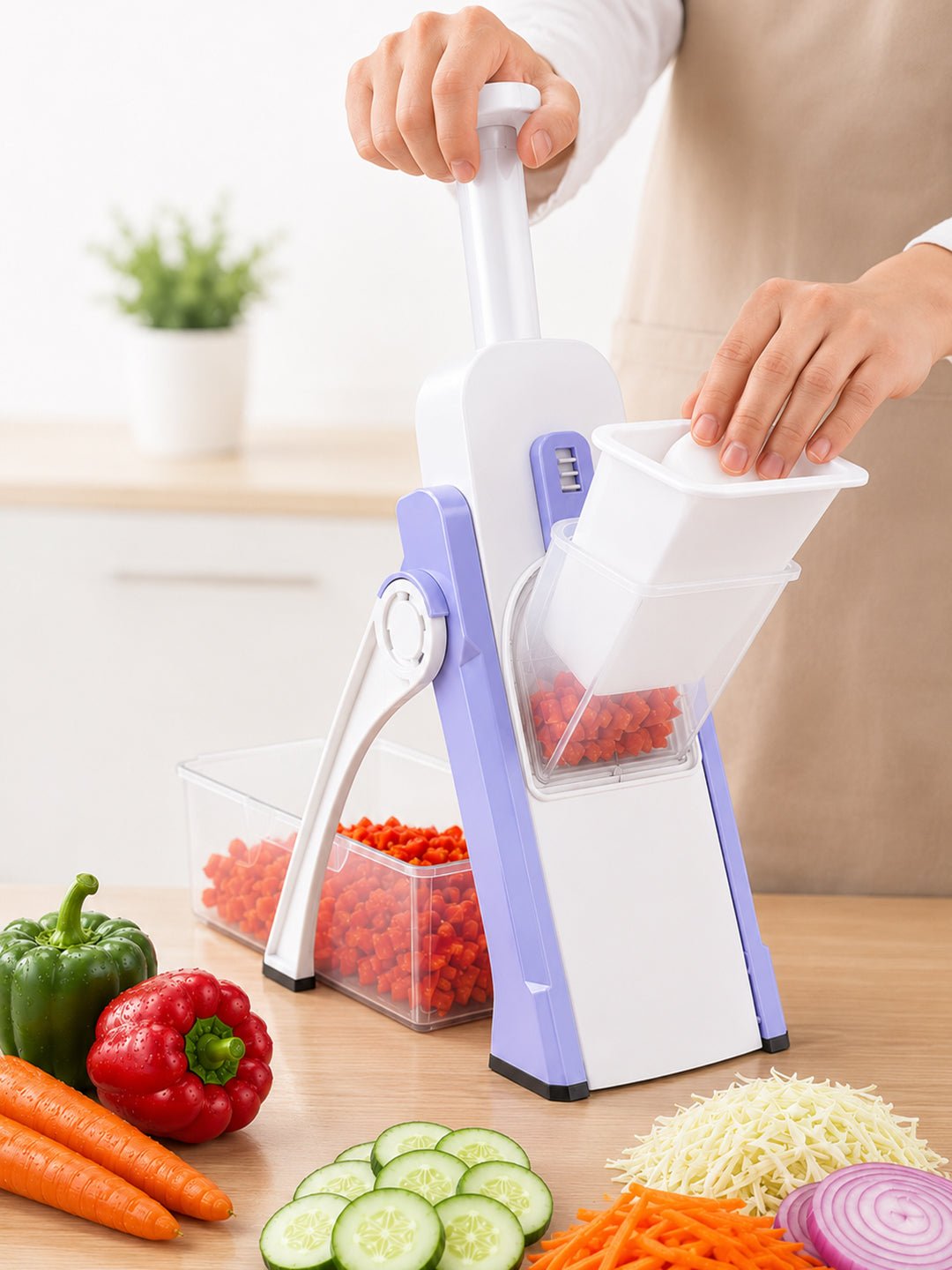 SAGEWARE Vegetable Chopper for Kitchen Use with Container | 5 Blade Manual Vegetable Cutter & Slicer | Push Chopper for Onion, Potato, Tomato, Carrot | Vegetable Cutter Tool for Kitchen - Image 6