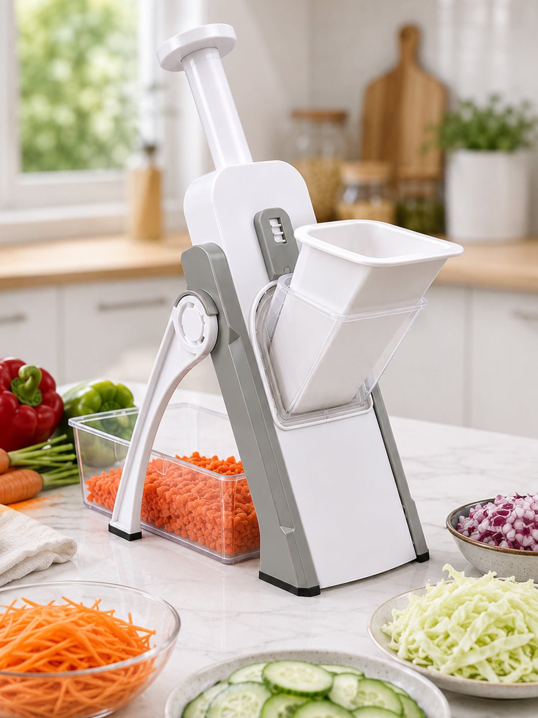 SAGEWARE Vegetable Chopper for Kitchen Use with Container | 5 Blade Manual Vegetable Cutter & Slicer | Push Chopper for Onion, Potato, Tomato, Carrot | Vegetable Cutter Tool for Kitchen - Image 4