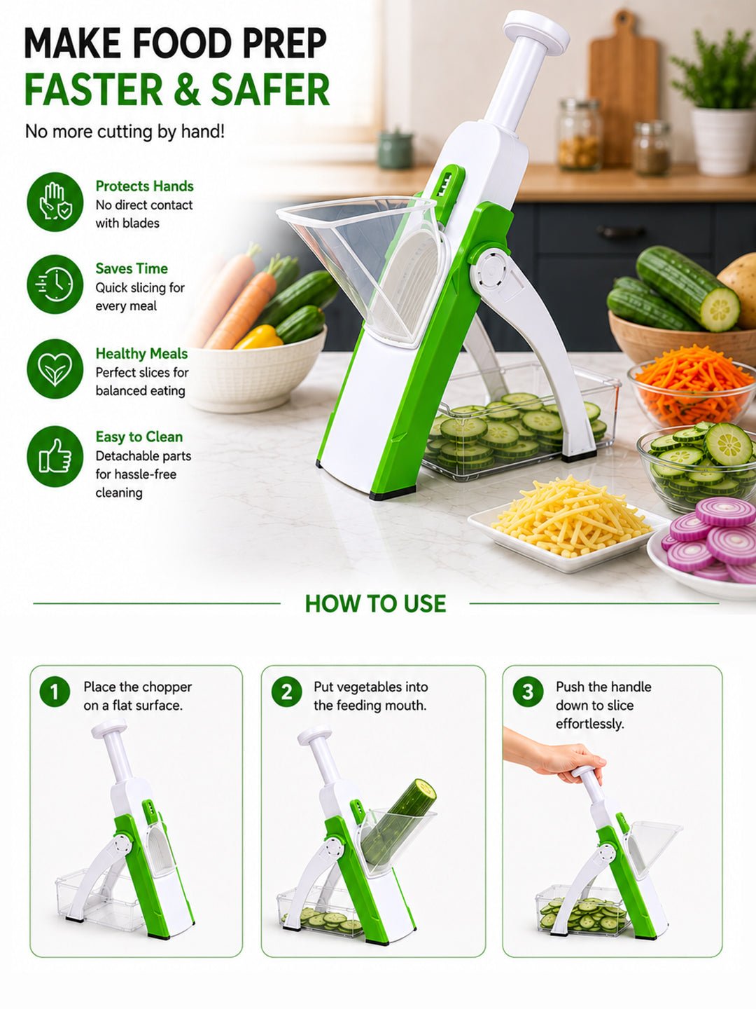 SAGEWARE Vegetable Chopper for Kitchen Use with Container | 5 Blade Manual Vegetable Cutter & Slicer | Push Chopper for Onion, Potato, Tomato, Carrot | Vegetable Cutter Tool for Kitchen - Image 5