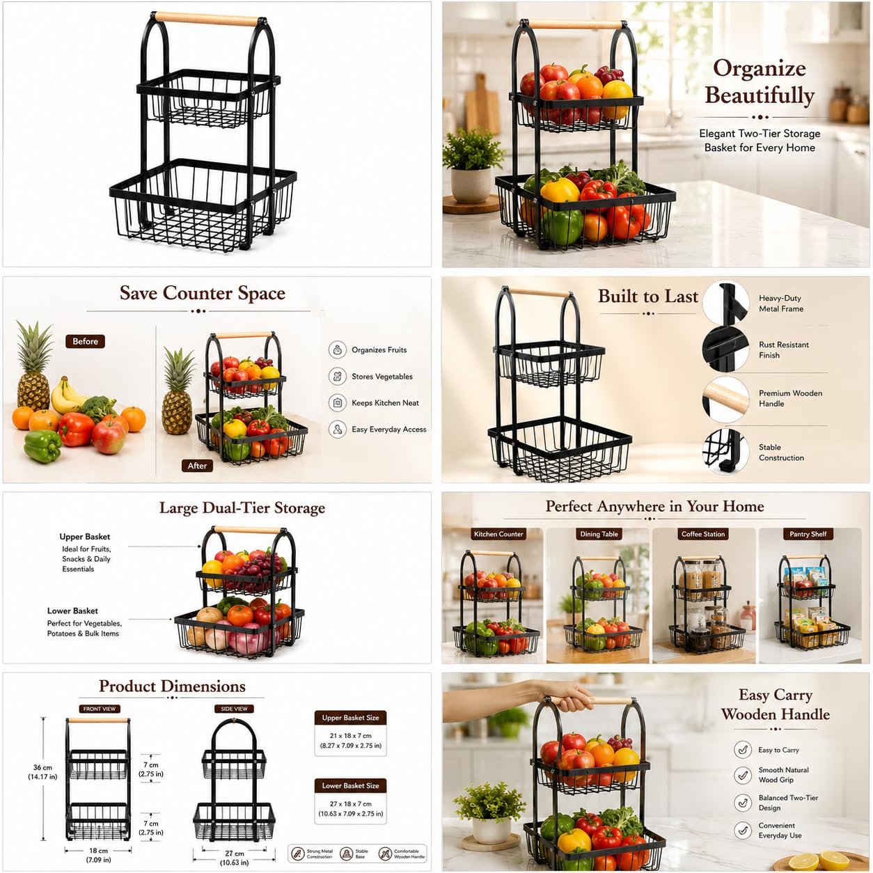 Sageware 2-Tier Fruit Basket for Dining Table Basket Metal Organizer Rack (Black) Aluminium Fruit & Vegetable Basket (Black) - Image 8