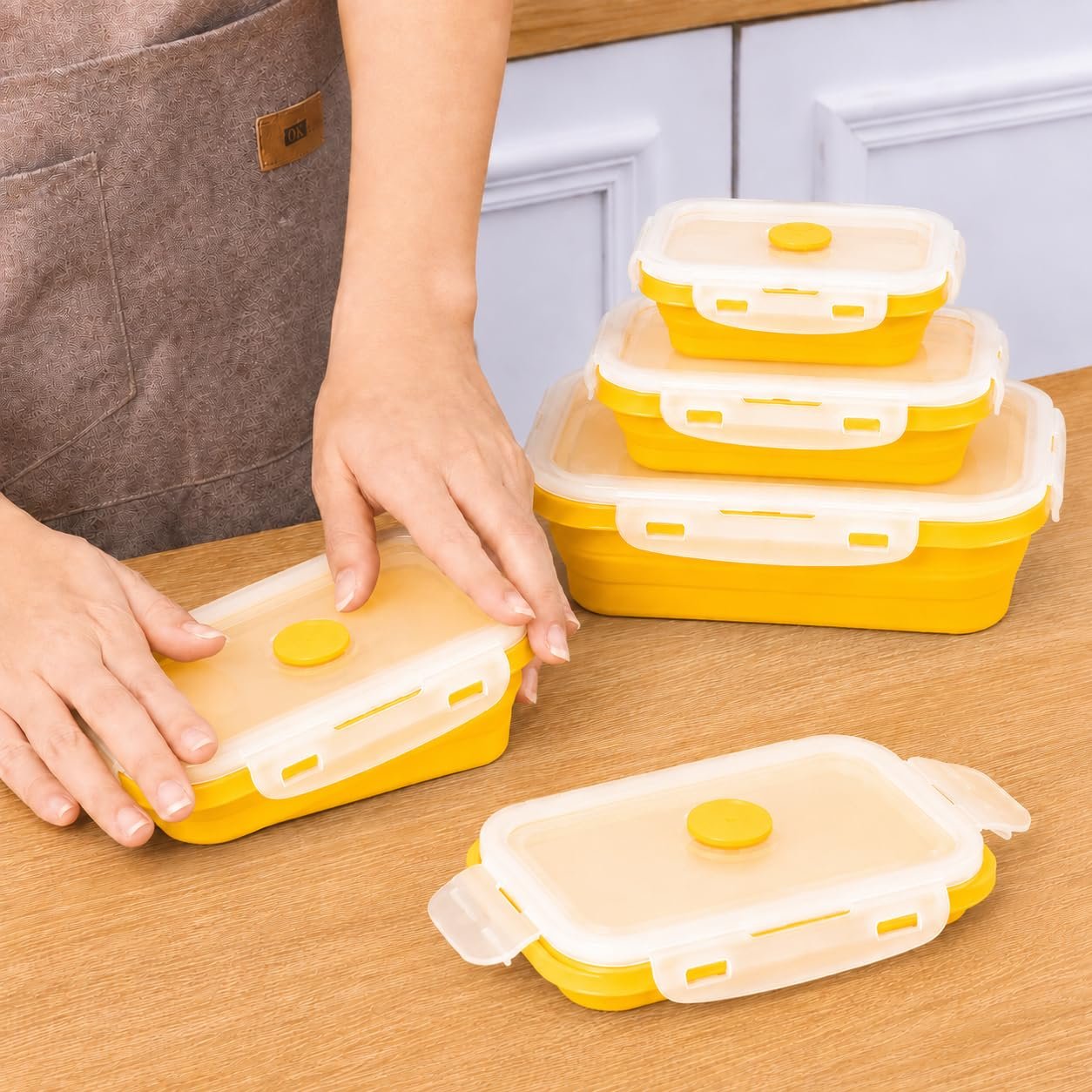 Sageware Silicone Lunch Box, Office Lunch Box, Lunch Box,Kids Lunch Box,Tiffin 4 Containers Lunch Box Rectangle Yellow(400ml, 600ml, 800ml, 1200ml) - Image 7