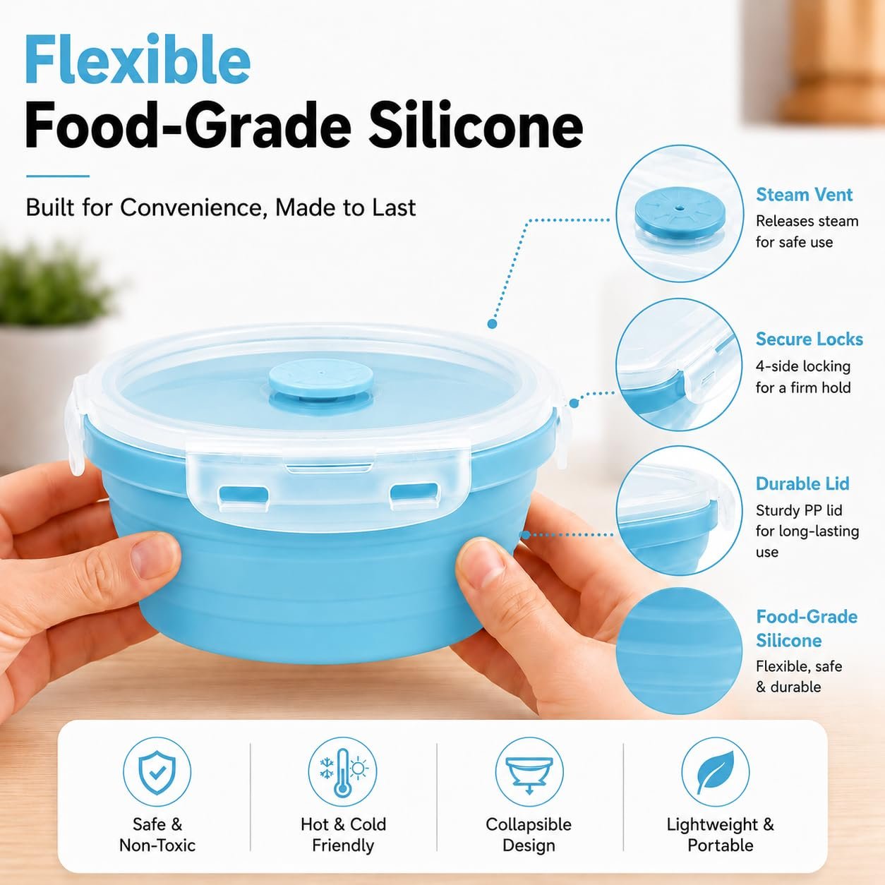 Sageware Silicone Lunch Box, Office Lunch Box, Lunch Box,Kids Lunch Box,Tiffin 4 Containers Lunch Box Round Blue(400ml, 600ml, 800ml, 1200ml) - Image 7