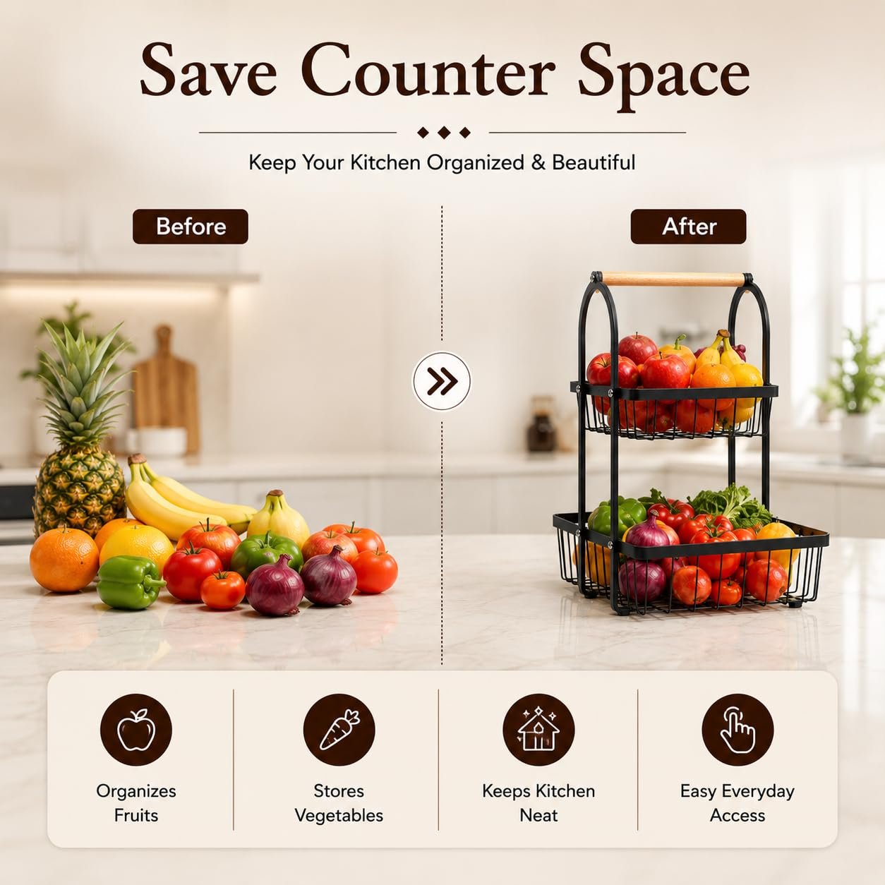 Sageware 2-Tier Fruit Basket for Dining Table Basket Metal Organizer Rack (Black) Aluminium Fruit & Vegetable Basket (Black) - Image 9