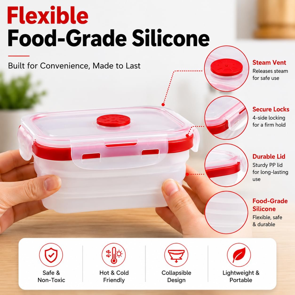 Sageware Silicone Lunch Box, Office Lunch Box, Leak Proof Lunch Box,Kids Lunch Box,Tiffin 4 Containers Lunch Box Red(600ml, 800ml, 1200ml, 1600ml) - Image 8