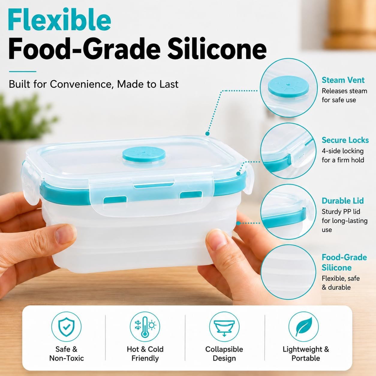 Sageware Silicone Lunch Box, Office Lunch Box, Leak Proof Lunch Box,Kids Lunch Box,Tiffin 4 Containers Lunch Box Blue(600ml, 800ml, 1200ml, 1600ml) - Image 8