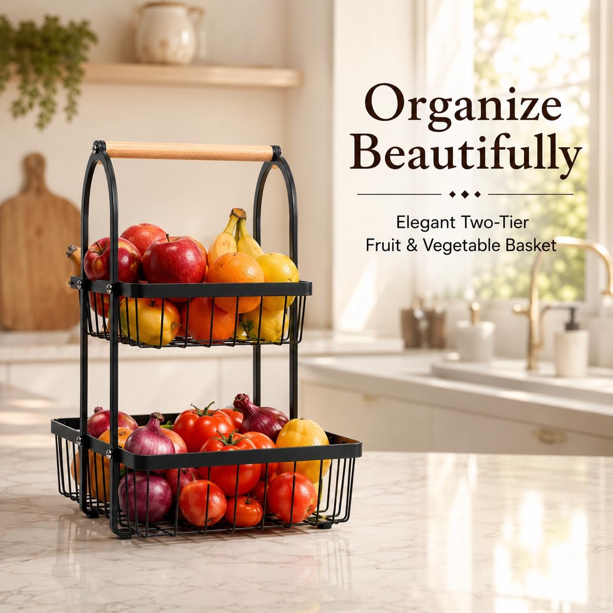 Sageware 2-Tier Fruit Basket for Dining Table Basket Metal Organizer Rack (Black) Aluminium Fruit & Vegetable Basket (Black) - Image 10