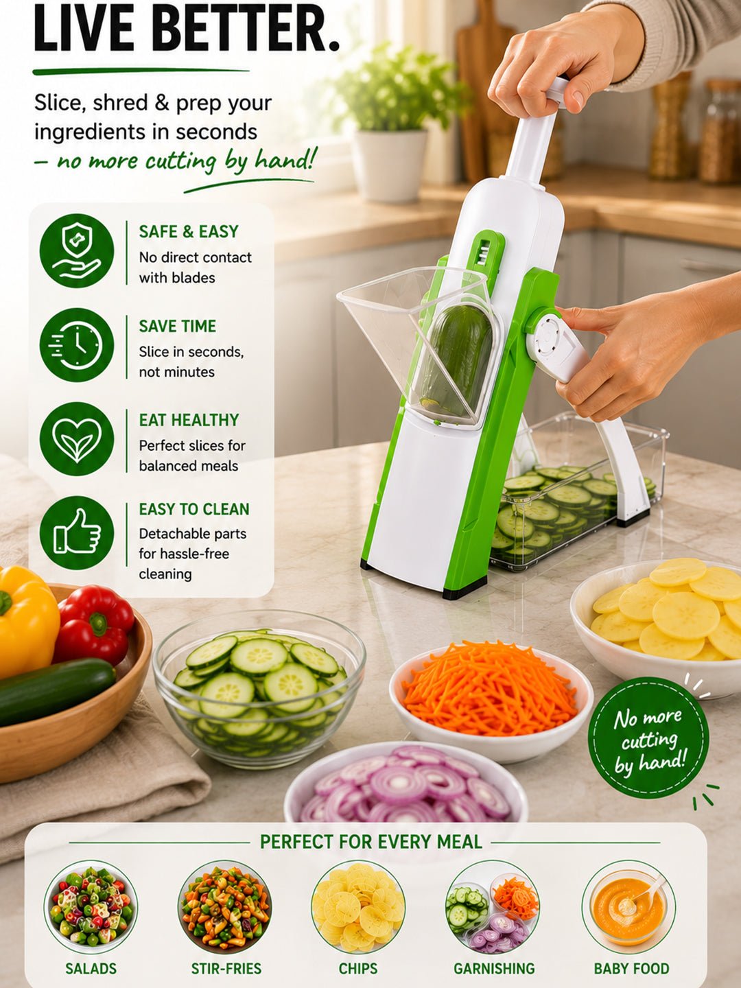 SAGEWARE Vegetable Chopper for Kitchen Use with Container | 5 Blade Manual Vegetable Cutter & Slicer | Push Chopper for Onion, Potato, Tomato, Carrot | Vegetable Cutter Tool for Kitchen - Image 3