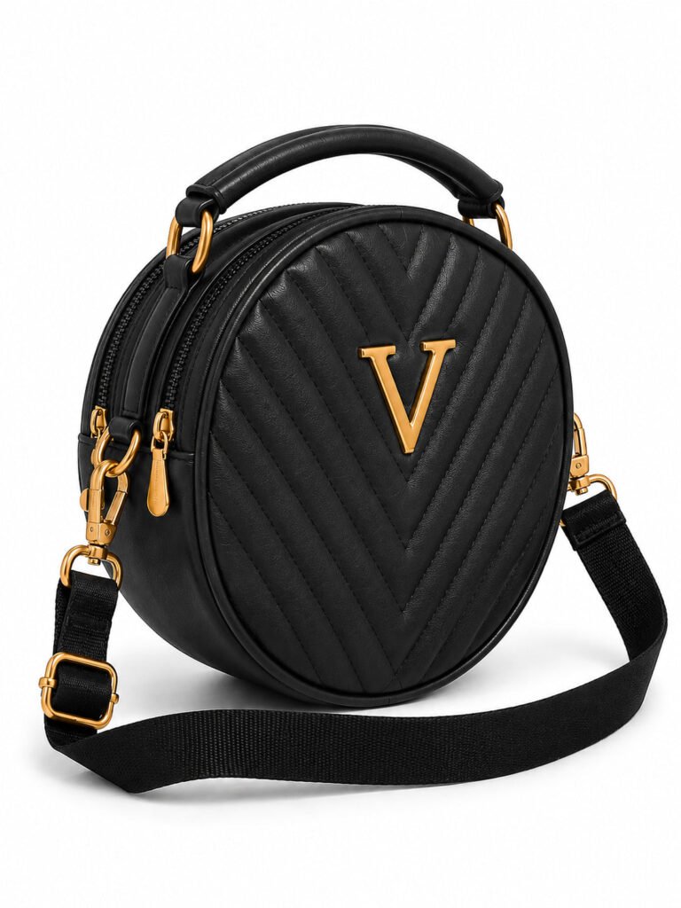Women’s Black Round Quilted Crossbody Sling Bag with Gold Hardware