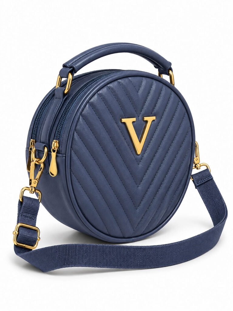 Women’s Navy Blue Round Quilted Crossbody Sling Bag with Gold Hardware