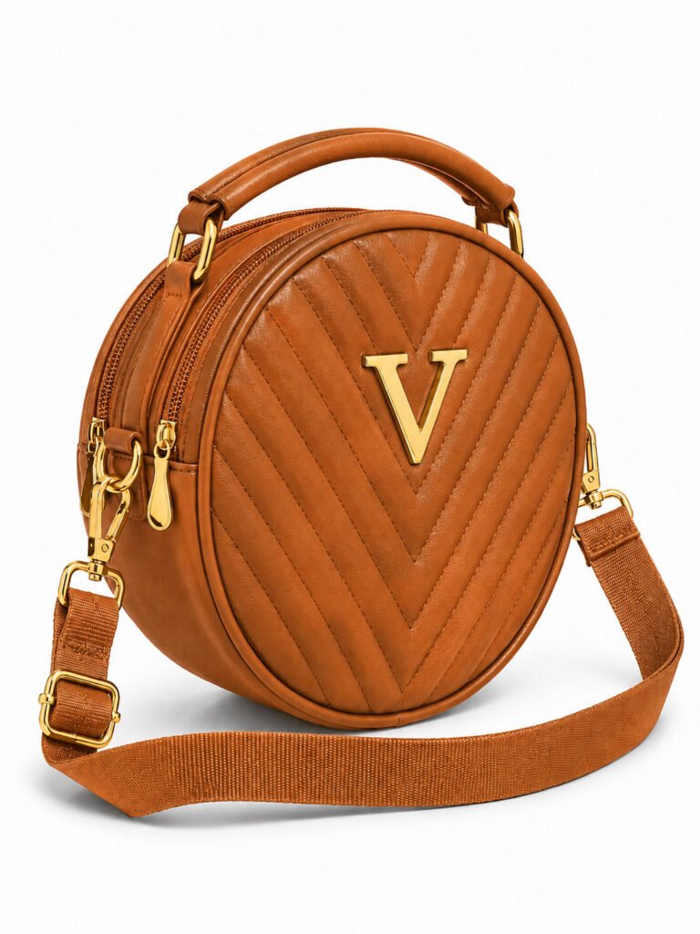 Women’s Brown Round Quilted Crossbody Sling Bag with Gold Hardware
