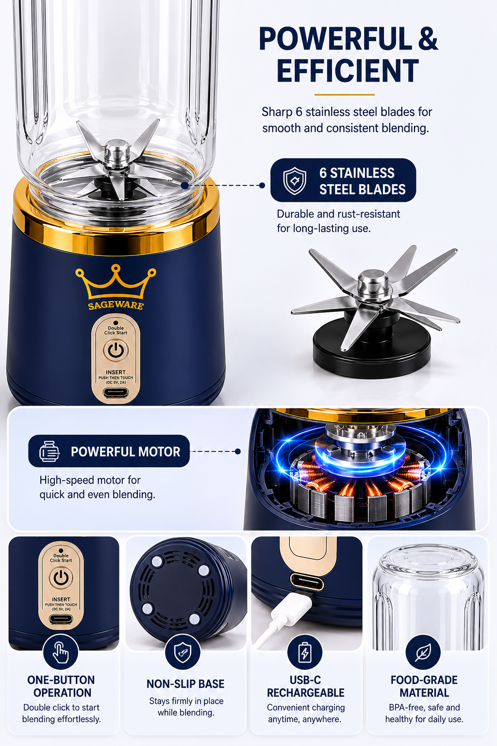 USB Rechargeable Personal Blender Bottle | Portable Mixer Grinder for Smoothies, Juices & Protein Shakes - Image 5