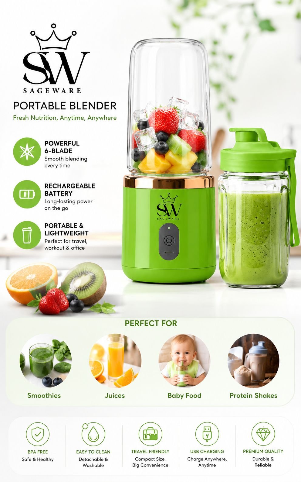 Mini Portable Blender for Smoothies & Shakes | USB Rechargeable Fruit Juicer Bottle with Travel Cup - Image 3