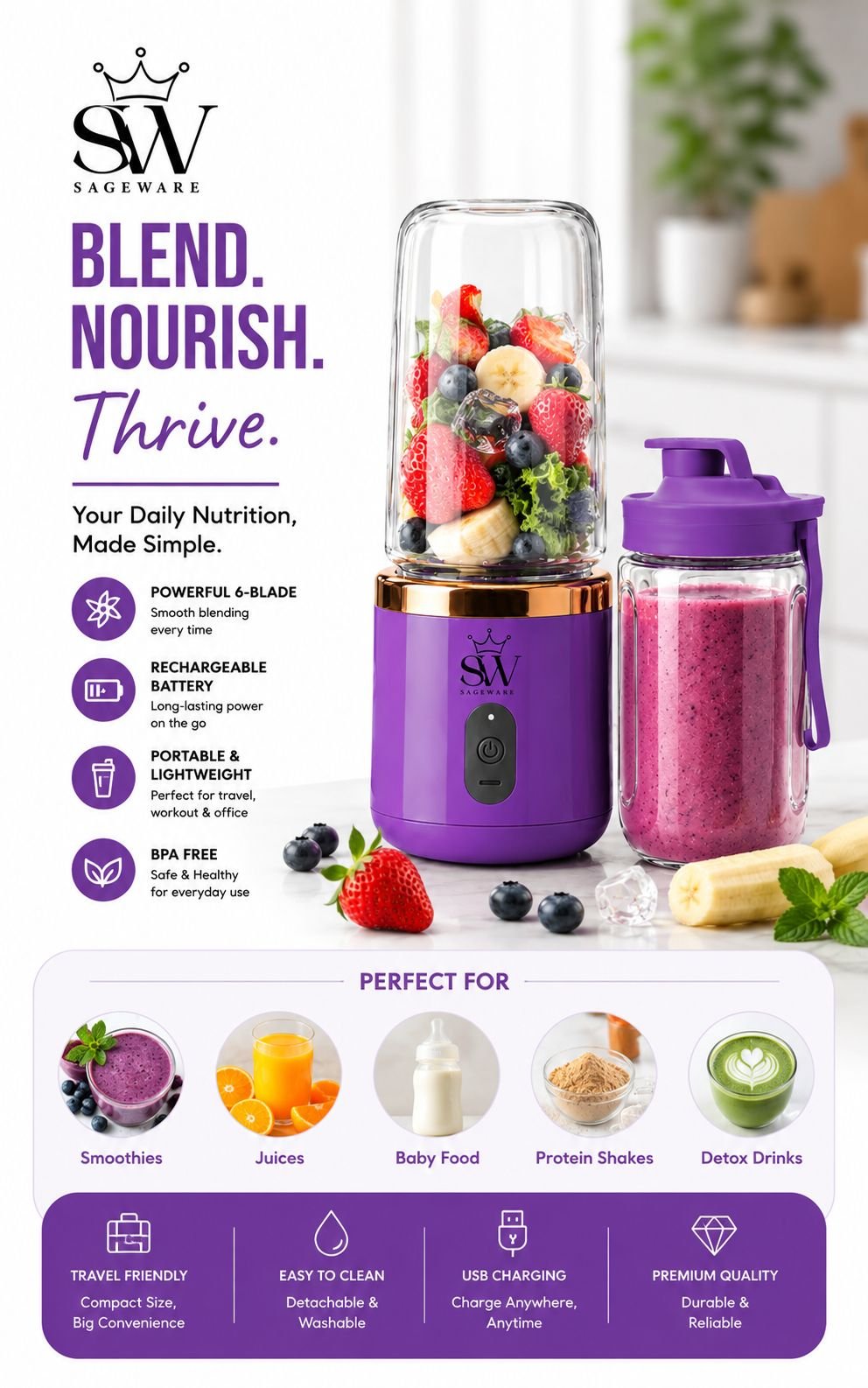 Portable Fruit Juicer Blender Bottle | Mini Smoothie Maker with USB Charging for Home, Gym & Travel - Image 4