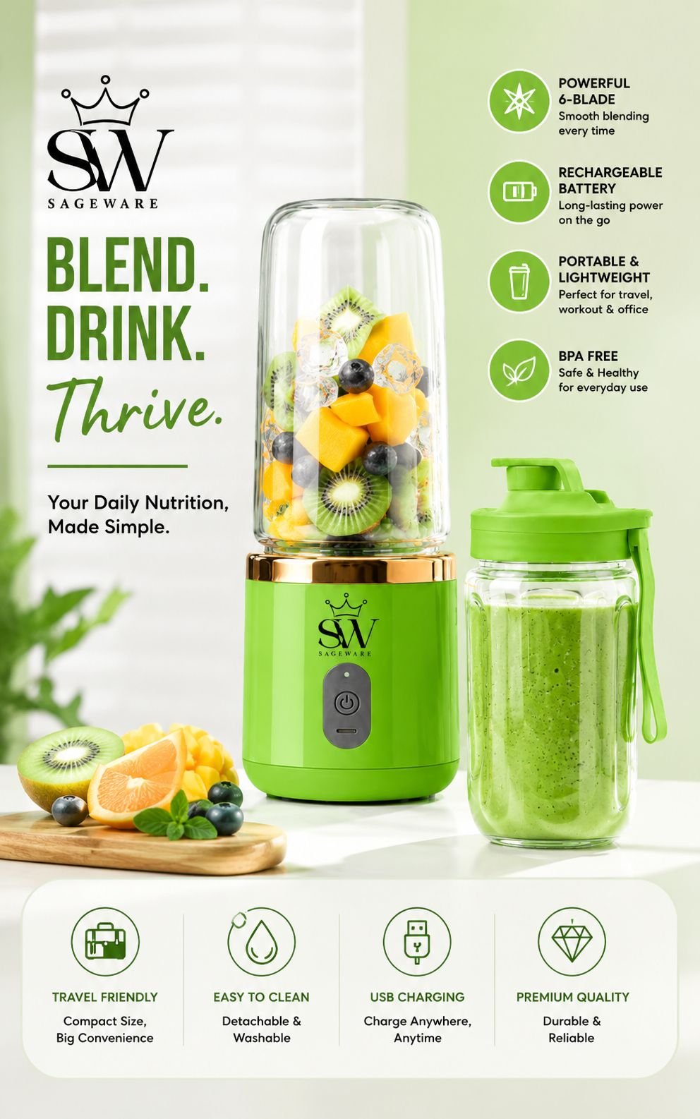 Mini Portable Blender for Smoothies & Shakes | USB Rechargeable Fruit Juicer Bottle with Travel Cup - Image 4
