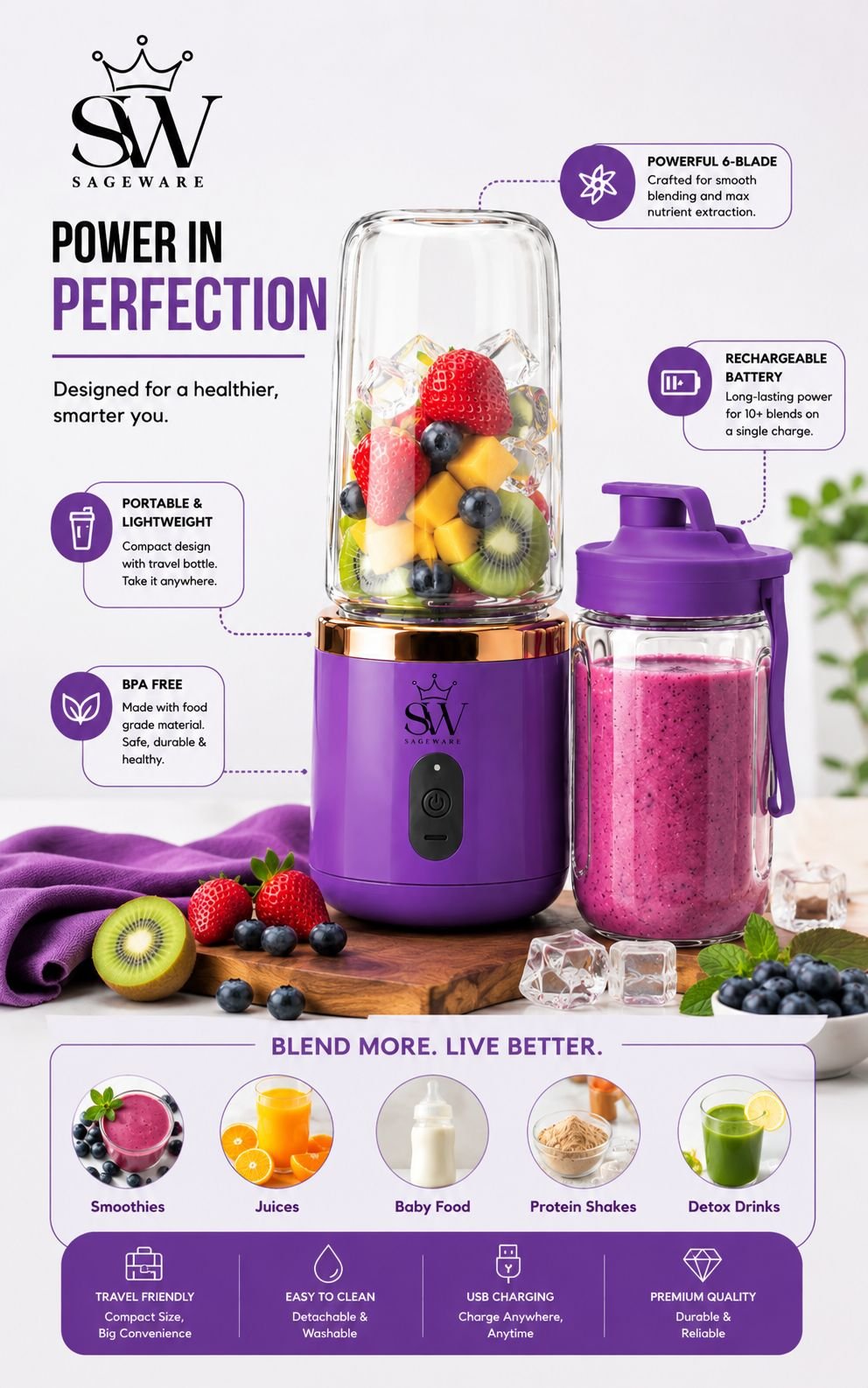 Portable Fruit Juicer Blender Bottle | Mini Smoothie Maker with USB Charging for Home, Gym & Travel - Image 5