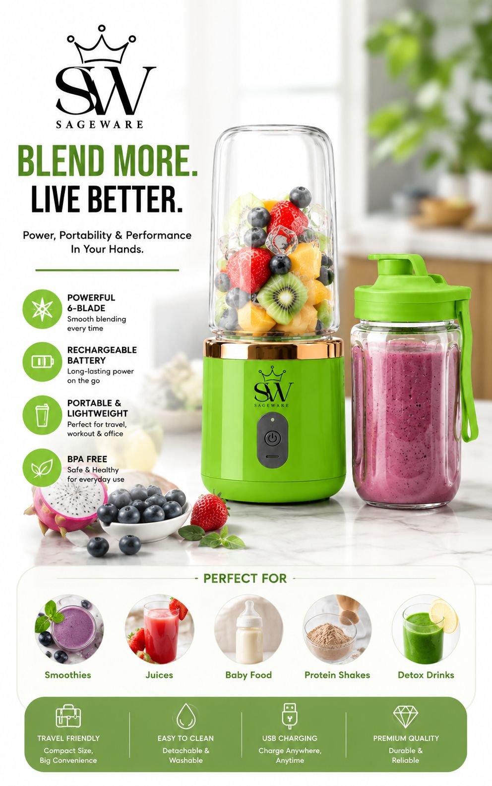 Mini Portable Blender for Smoothies & Shakes | USB Rechargeable Fruit Juicer Bottle with Travel Cup - Image 5