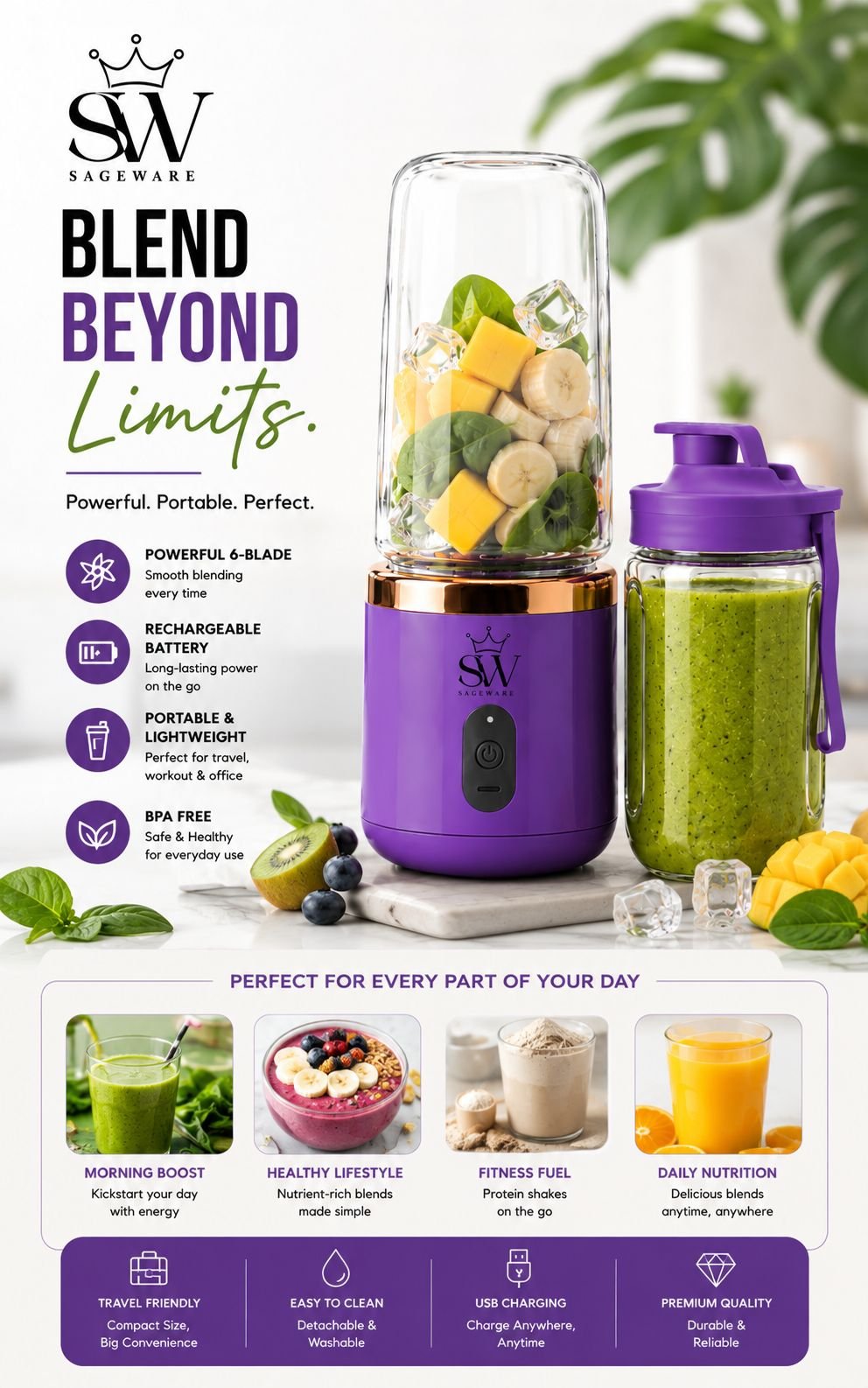 Portable Fruit Juicer Blender Bottle | Mini Smoothie Maker with USB Charging for Home, Gym & Travel - Image 6