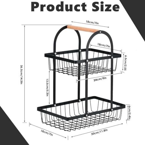SAGEWARE 2-Tier Metal Fruit Basket with Wooden Handle – Black - Image 4